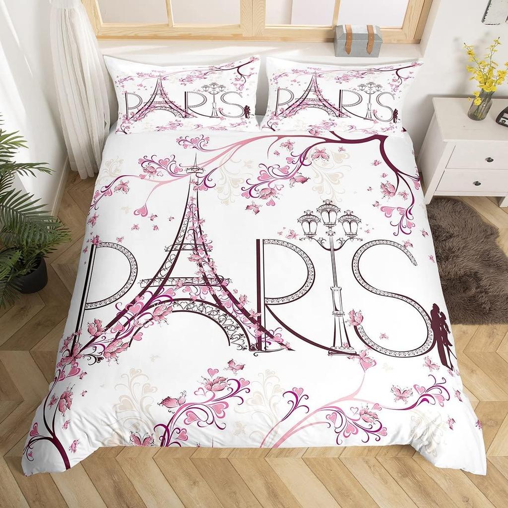 Eiffel Tower Duvet Cover Twin Full Queen King 3 Pcs Romantic Theme Bedding Set For Couple Adult Butterfly Print Comforter Cover