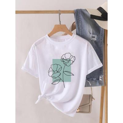 (European Size) Watercolor Tee Geometric Short Sleeve T Shirt O-neck Clothing Top Casual Fashion Print Lady Female Women Graphic T-shirts