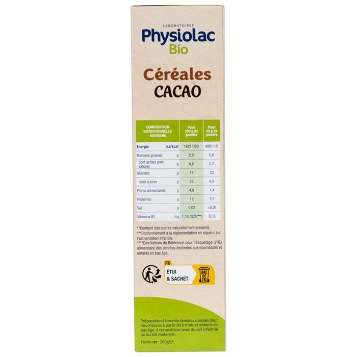 Physiolac Bio Céréales Cacao 200 G Certbio