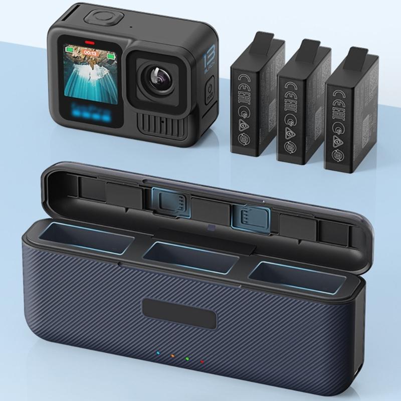 3 Channel Battery Charging Station for 13 Black Camera Power Management Quick Charge Storage Box with Card Slot