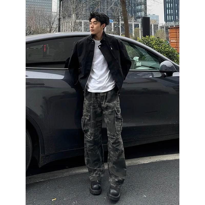 Men's Camouflage Denim Workwear Pants - Micro-flare, Multi-pocket, Lumberjack Style, Clean Fit, Spring Collection