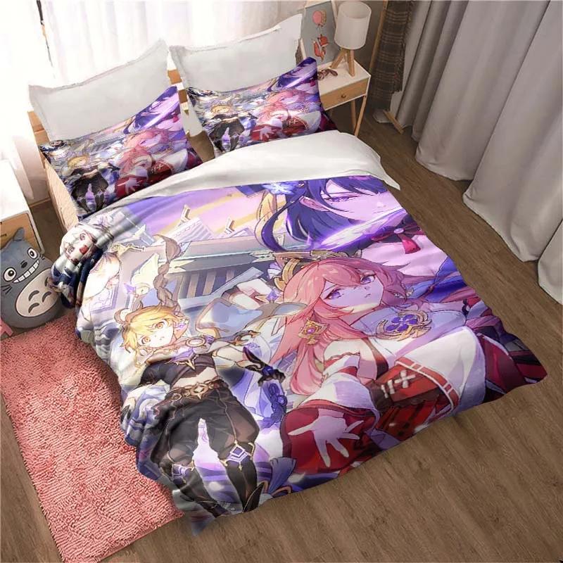 Genshin Impact Game Anime 3-piece Quilt Cover Bed Quilt Cover Double King Bed Quilt Cover Home Textiles Boys Adults