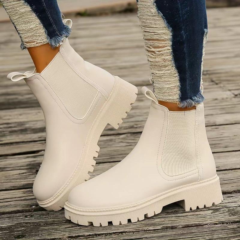 Women's Fall Winter Chunky Heel Round Toe Thick Sole Fleece-Lined Martin Ankle Boots.