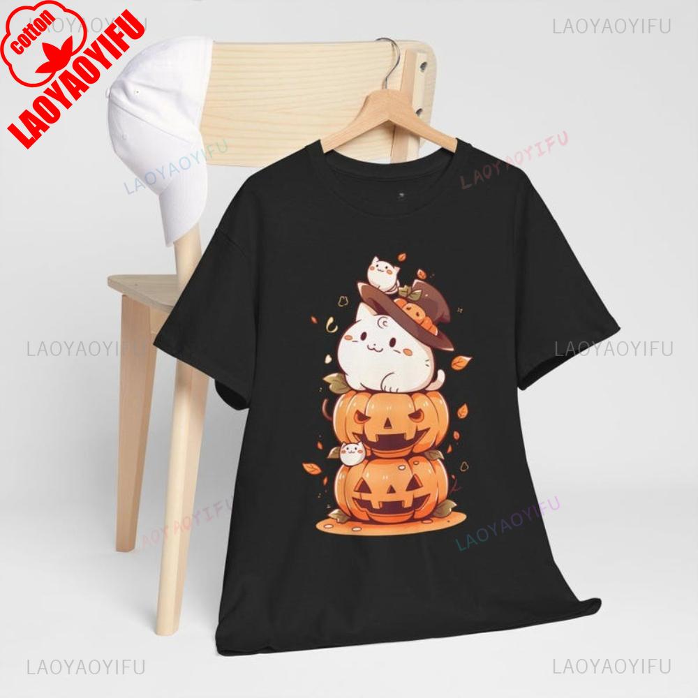 Halloween Pumpkin Cat Graphic T Shirts Autumn of November Spooky Season Woman Man Outdoors Cotton Tshirt Gothic Style Clothes 4XL