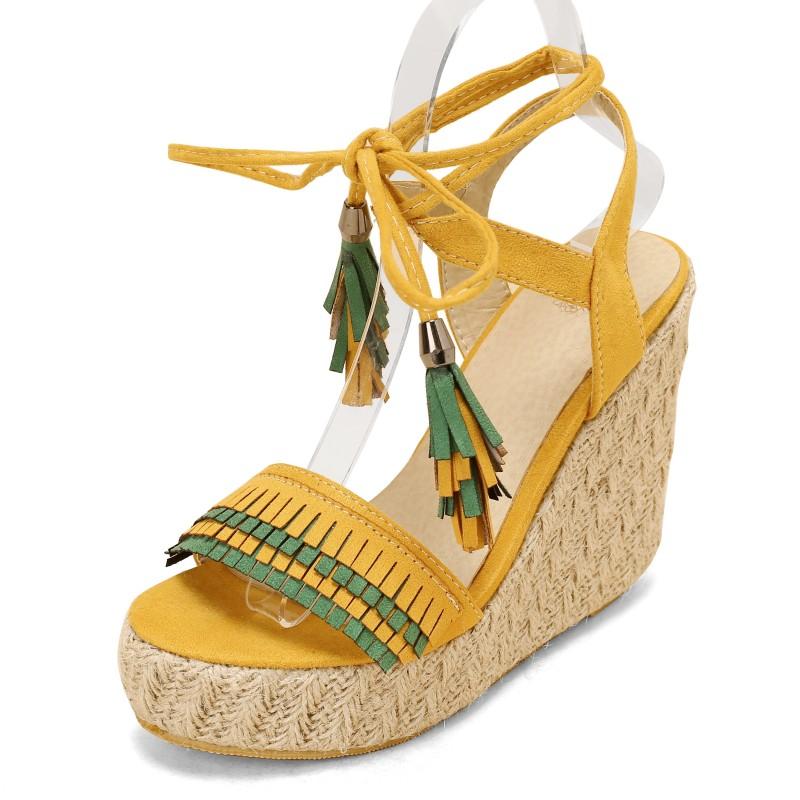 

Модные женские босоножки с ремешками на щиколотке, летняя обувь на платформе и танкетке для женщин, высокие каблуки, гладиаторские шлепанцы, женская обувь для вечеринок, большой размер 45 жёлтый
