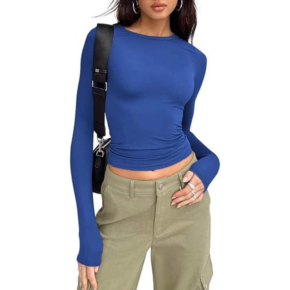 Women's Top for Spring and Autumn Base, Women's High-end Round Neck Long Sleeved Pullover, Slim Fit Milk Silk T-shirt