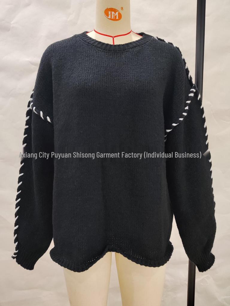 Women's Solid Color Round Neck Long Sleeve Knit Sweater with Drawstring - European & American Style