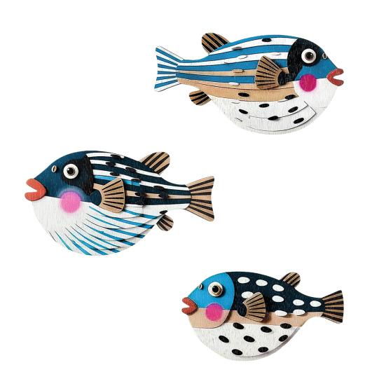 3Pcs/Set Puffer Wall Decoration Cute Decorative Wooden Globefish Rustic Cartoon Puffer Fish Wall Art Ornament for Living Room Bedroom Dining Room