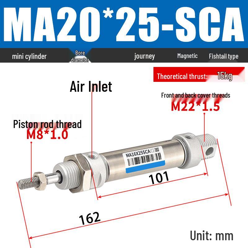 Mini Stainless Steel Pneumatic Cylinder MA Series (16-40mm Bore, 50-200mm Stroke)