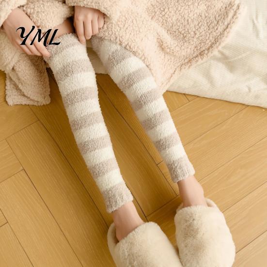 Elastic Thermal Leggings for Home Coral Fleece Leg Warmers Women, Thickened Winter Knee High Indoor Cold Weather Socks, Striped/Solid Color,
