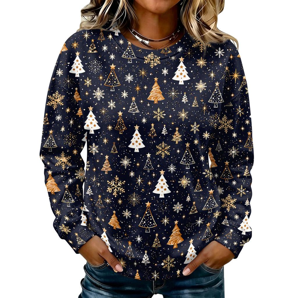 Women's Casual Long Sleeve Christmas Print Crewneck Sweatshirt Top for Holiday Wear