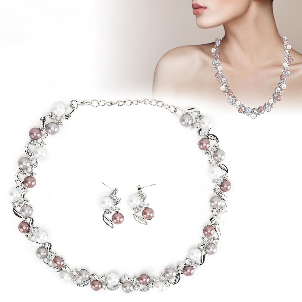 Women Faux Pearl Necklace Earrings Set Bridal Jewelry Set with Rhinestone (Silvery White)