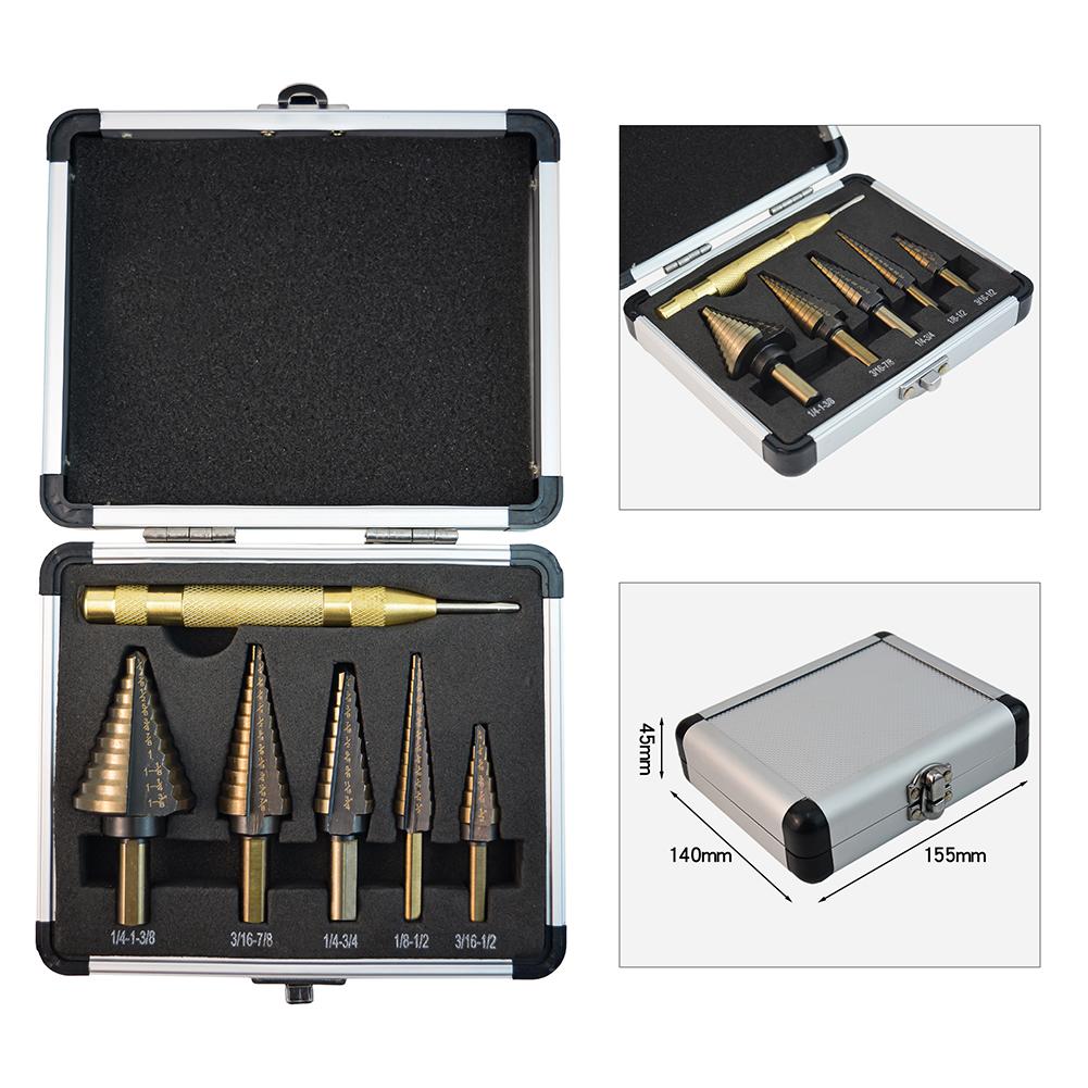 6pcs HSS Step Drill Bit Set Multiple Hole Conical Wood Drill Perforator Imperial Straight Flute Hole Cutter Tool for Metal Wood