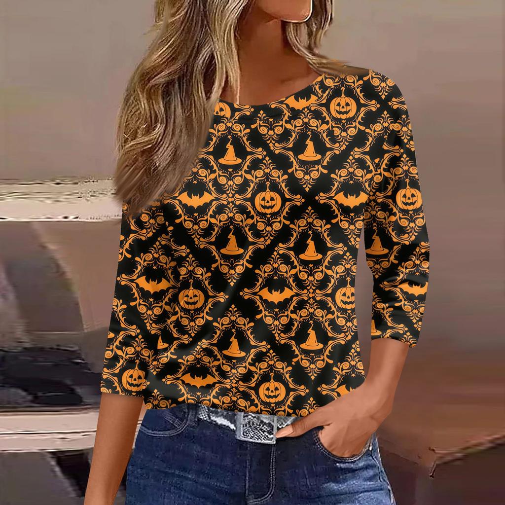 Women 3/4 Sleeve Casual Loose Fit Shirt Round Neck Halloween Pumpkin Print T-Shirt Top for Everyday Wear
