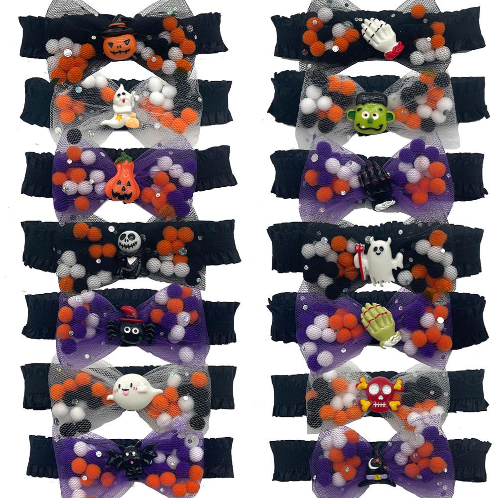 50Pcs Halloween Cat Dog Accessories for Small Dogs Elastic Band Bow Tie Necktie Plush Ball Bowtie with Pumpkin Skull Accessories