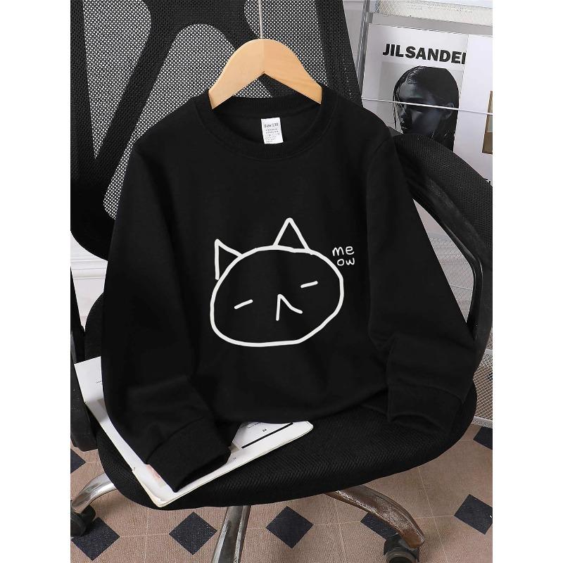 Kids Sweatshirt Crewneck Sweatshirt - Cat Face with Closed Eyes And Meow Text Machine Washable, Spring And Autumn