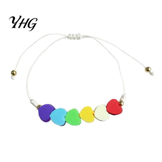 Cute Layered Cord Jewelry Colorful Hearts Bracelet, Handmade Braided String Adjustable Daily Wear Heart Shaped Clay Beads for Women Girls Lightweight