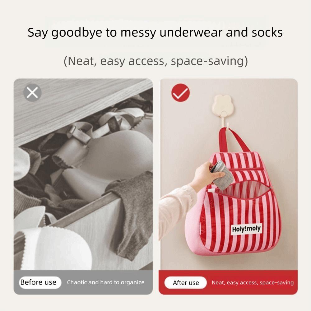 Breathable Mesh Hanging Socks Storage Bag 2 Layer with Handle Portable Clothing Pouch Reusable Stripe Prints Mesh Laundry Bags