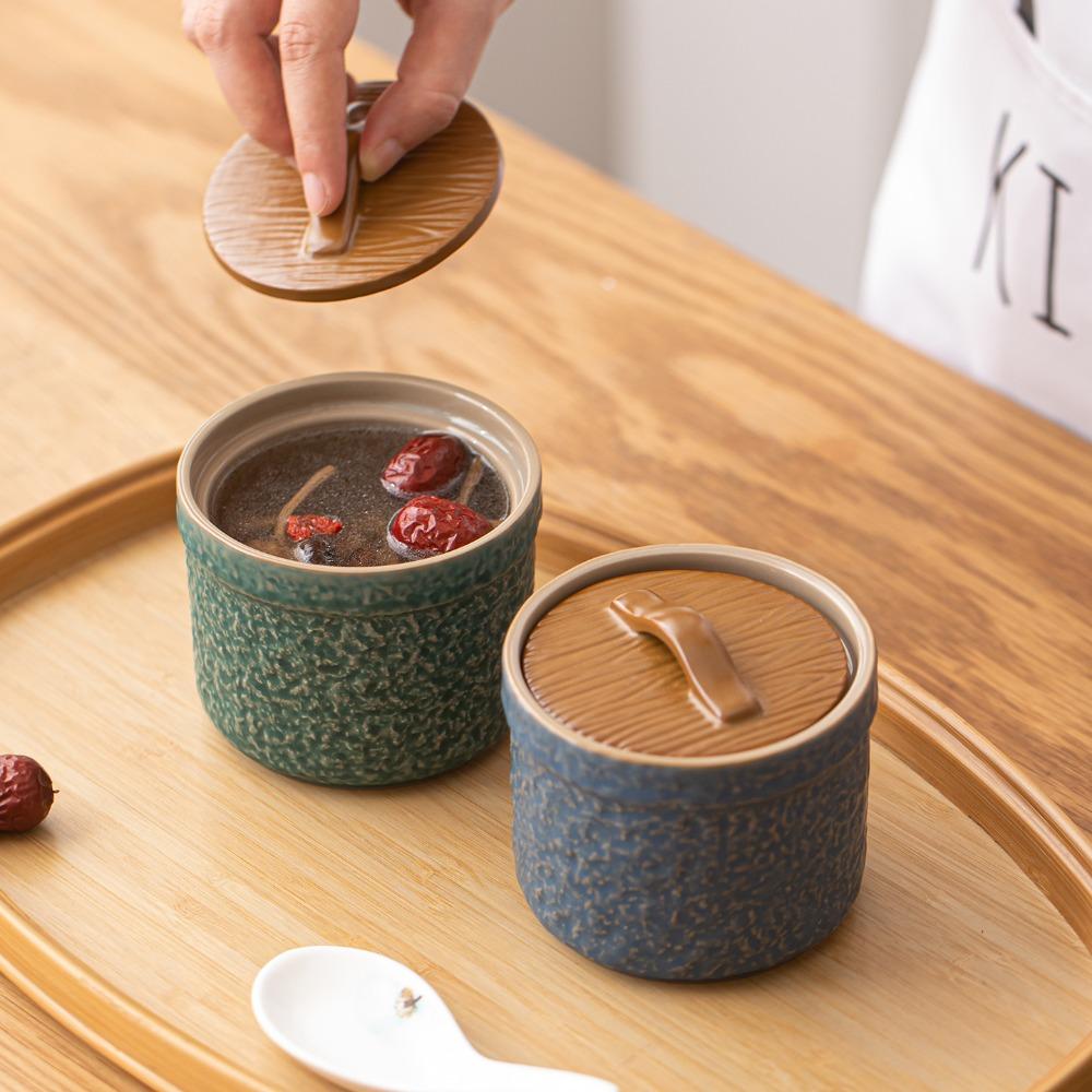 Ceramic Marble Stewed Pot Water-proof Stewed Pot with Cover Ceramic Steamed Egg Bowl Egg Soup Stewed Pot with Wood Grain Cover