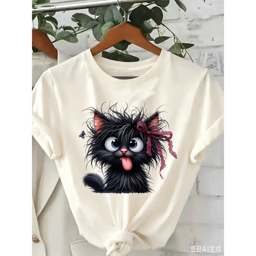 Women s Funny Fried Cat Cartoon T-Shirt with Playful Bow Butterfly Print  Women s S