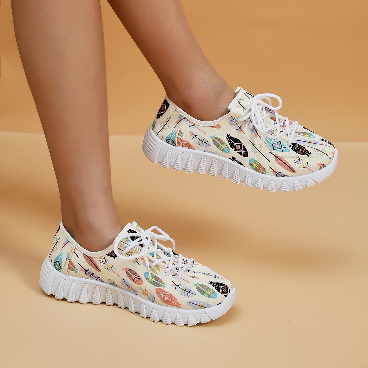 

European and American Casual Sports Shoes for Women in Autumn 2026 New Flat Bottomed Printed Large Lace Up Women s Shoes Trafza 36