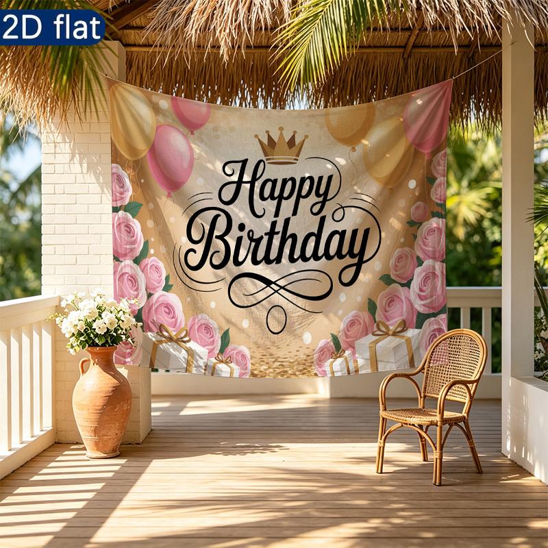Pink Roses Birthday Party Backdrop, Polyester Banner for Wall Decor & Photo Booth