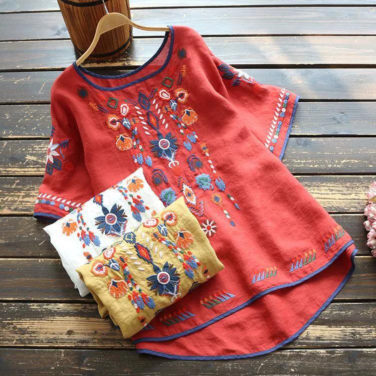 Retro Embroidered Cotton and Linen National Style Plus Size Women's Summer Loose Literary Self-cultivation Ethnic Style Red Linen T-shirt Top