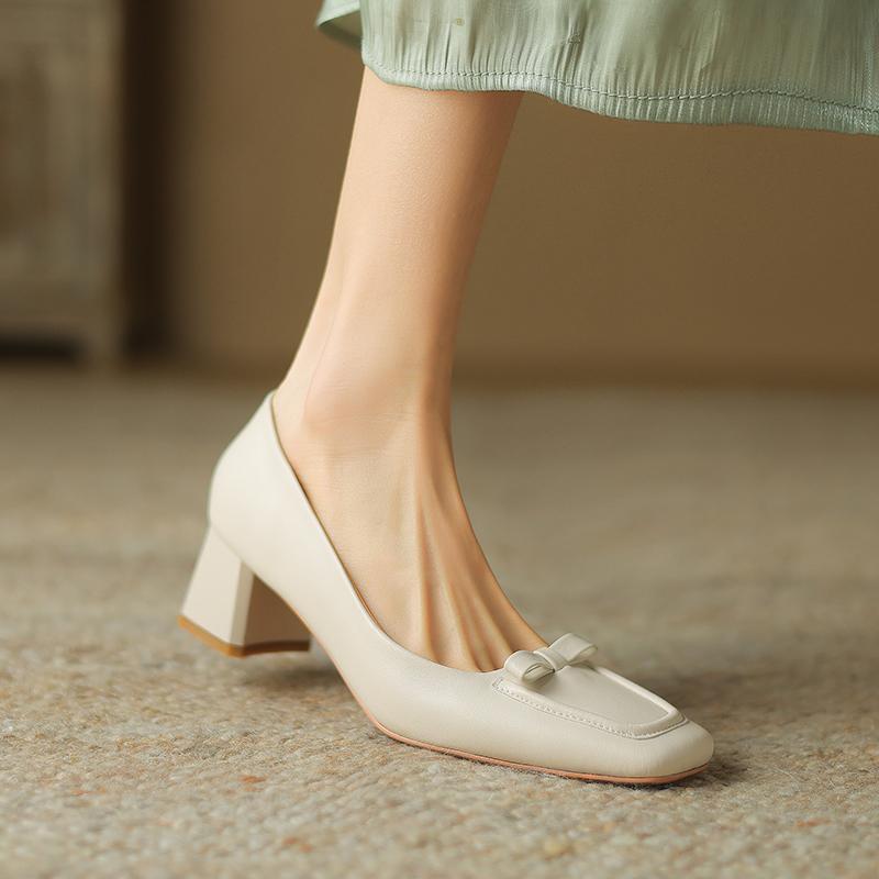 Fashion 2024 New Spring Women Shoes Square Toe Women Pumps Shallow Loafers Shoes for Women Butterfly-knot Retro Ladies Shoes High Heels