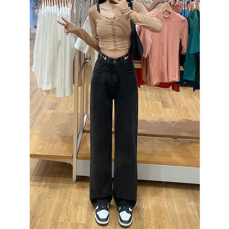 

High-waisted Adjustable Denim Wide-leg Pants for Women In Spring and Autumn New Versatile High Straight Loose Black Pants XXL