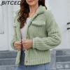 BITCED Women's Fall/Winter Ribbed Fleece Cardigan with Collar, Short-Length Jacket