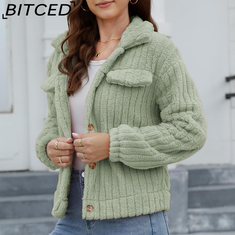 BITCED Women's Fall/Winter Ribbed Fleece Cardigan with Collar, Short-Length Jacket