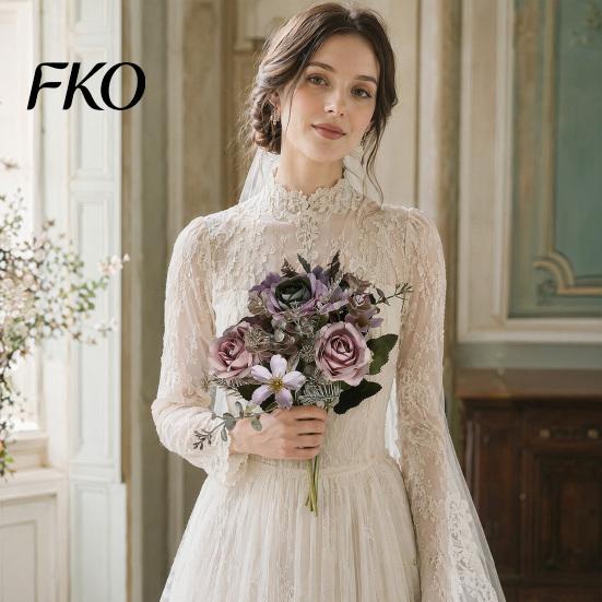 Faux Fern Leaves Artificial Rose Flowers Bouquet for Wedding Bridal, Fake Light Luxury Floral Arrangement Home Decoration And Photography Props,