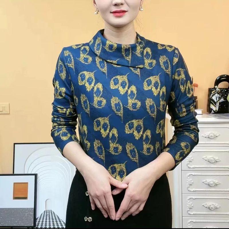 

Осень Зима Бархатный С принтом Новый Топ Полуворотник Теплый С длинным рукавом Модный Универсальный Рубашка M синий