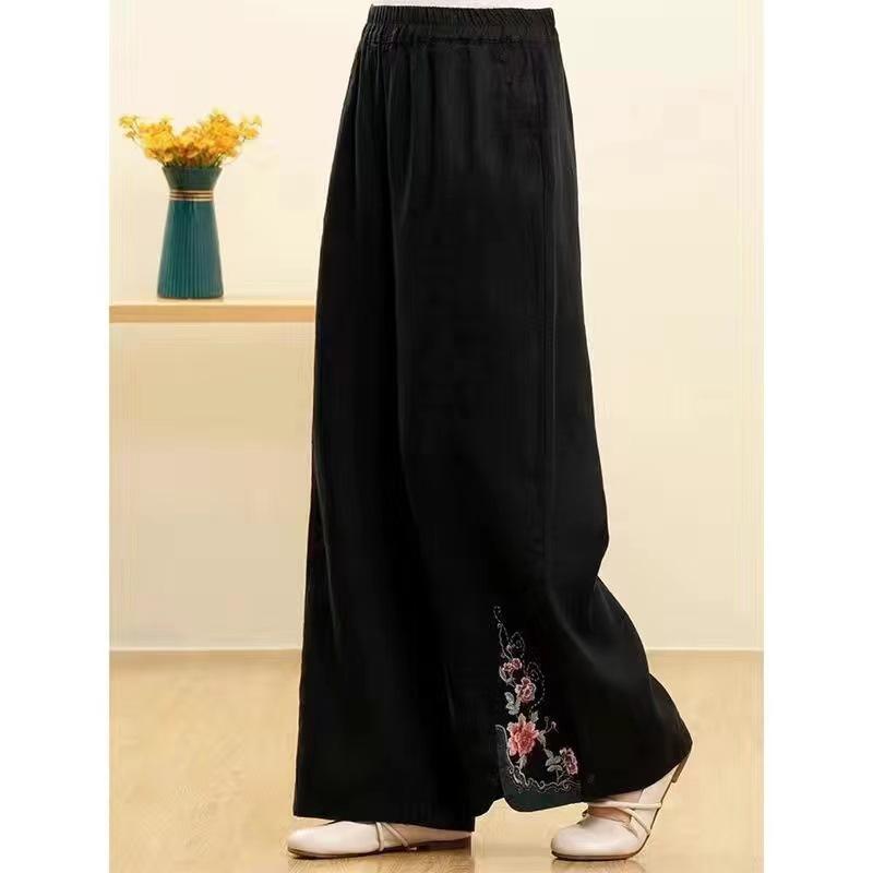 Women's Spring and Summer Chinese Retro Loose Pants Elastic Waist Comfortable Embroidery Wide Leg Pants