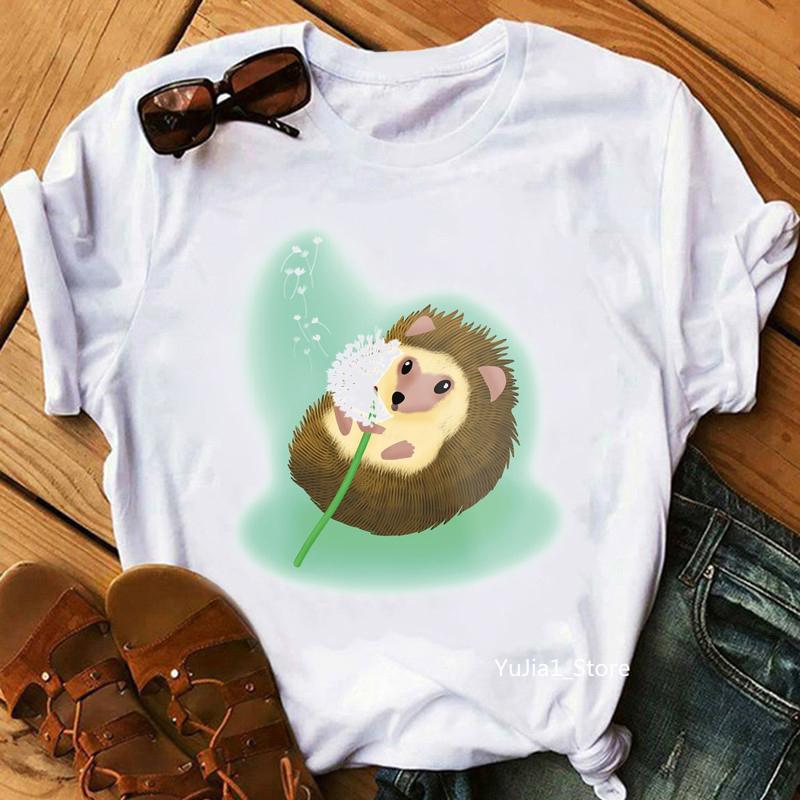 Watercolor Music Is My Joy Cute Hedgehog Animal Print T-Shirt Women&Amp;#39;S Clothing Funny Tshirt Femme Summer Fashion T Shirt Female