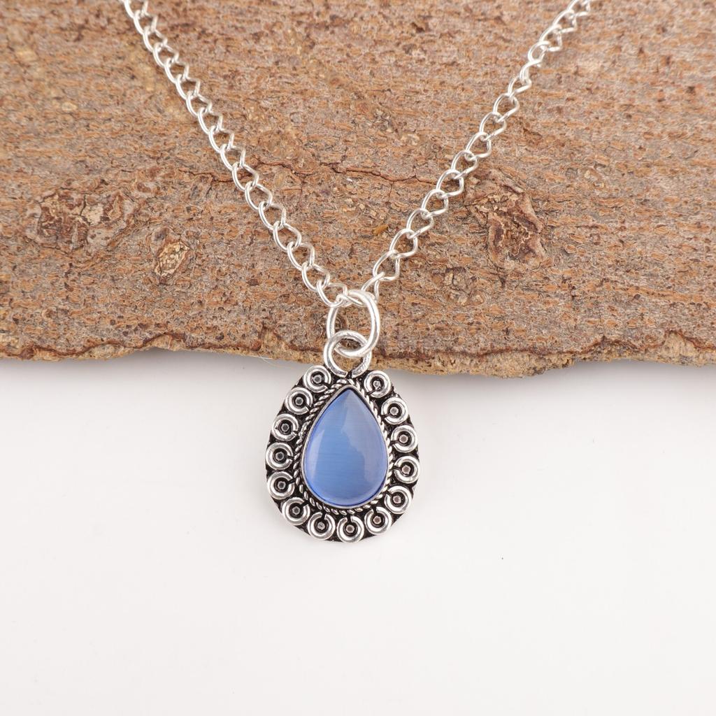 Pear Dark Blue Cat'S Eye Stone Elegant New Pendant Jewelry 925 Sterling Silver PP-26-42
