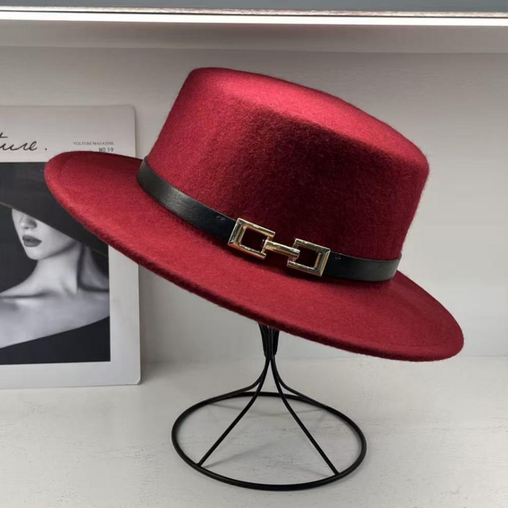 European Style French Small Leather Buckle Australian Wool Top Hat Women's Men's Flat Top Hat Autumn and Winter Retro Wide Brim Hat Tide