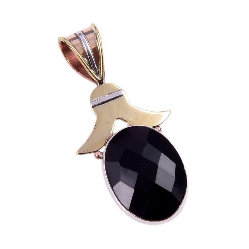 Natural Black Onyx Gemstone 925 Solid Sterling Silver TwoTone Pendant 1.50" l2E29