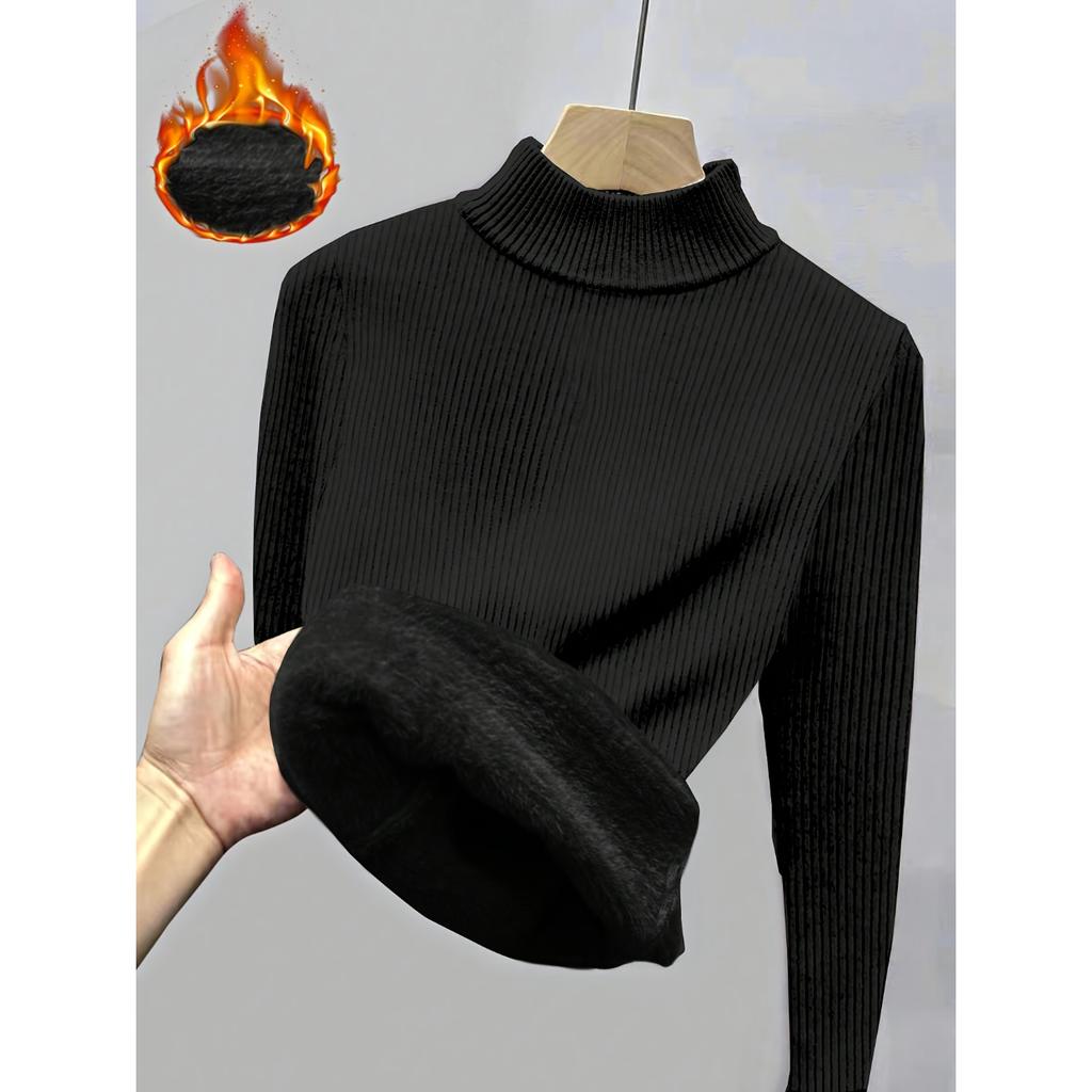 Solid Color Mock Neck Fleece Sweater, Elegant Long Sleeve Thermal Pullover Sweater, Women's Clothing