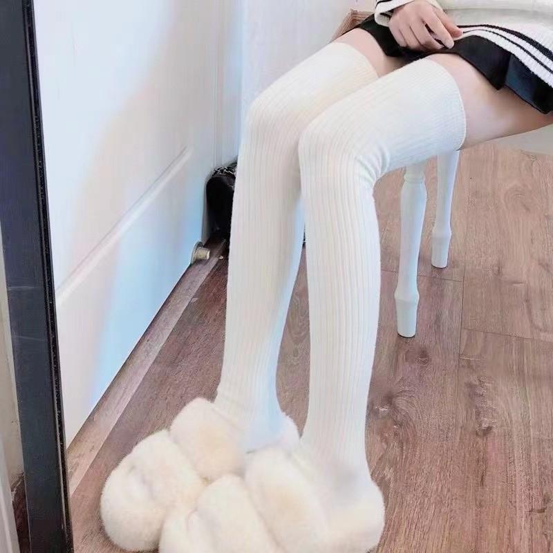 Autumn Winter Cashmere Solid Knitted Stocking Skinny Casual Knee High Fluffy Warm Thicken Girls Socks Women Soft Wool Long Socks