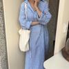 Spring Summer Women Long Dresses Striped Lace Up Cotton and Linen Shirt Dress