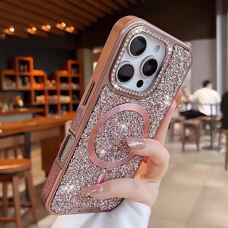 Plating Sparkling Rhinestone Diamond Bling Magnetic for MagSafe Case For iPhone 17 16 15 14 Pro Max Shockproof Luxury Back Cover