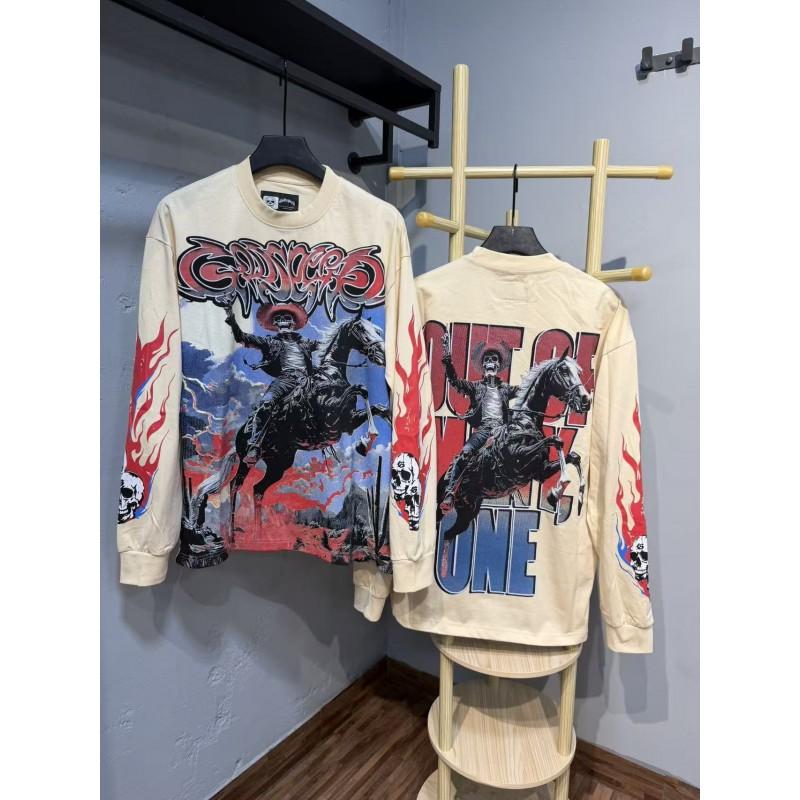 Unisex Vintage Skull Print Washed Cotton Long Sleeve Hoodie Streetwear Loose Fit