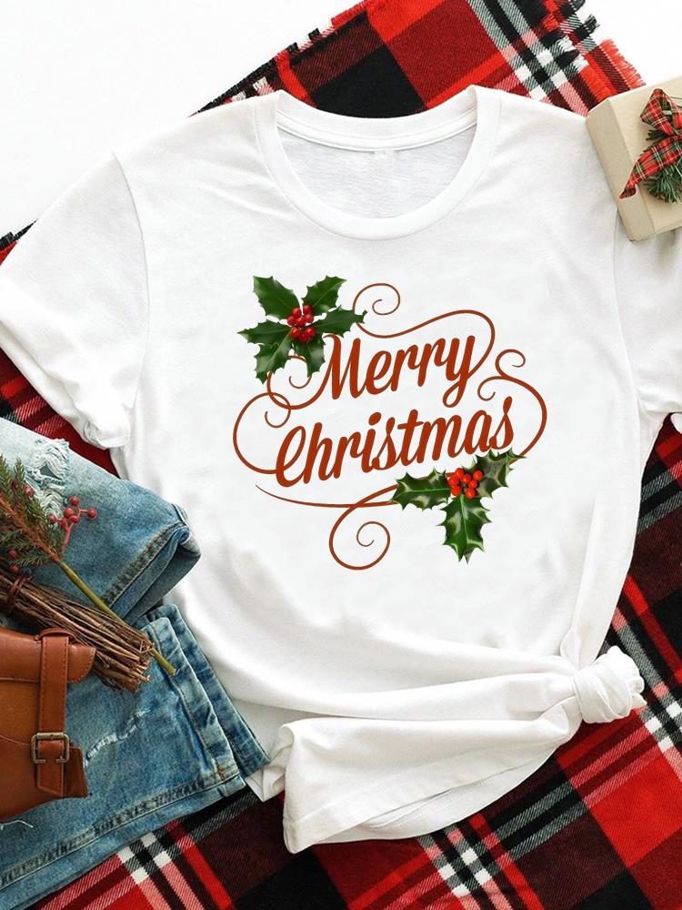 (Asian Size) merry Christmas new year o-neck Women's Top T Clothing Print bow style trend Short Sleeve T-shirts Fashion holiday Graphic Tee