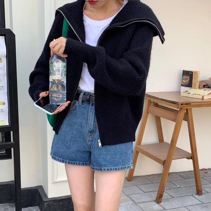 Navy Collar Zipper Sweater Jacket Female Early Spring Lazy Wind Loose Thin Knitted Cardigan Comfortable Versatile and Fashionable
