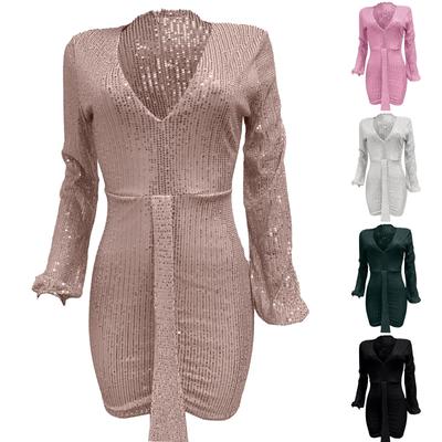 Women's Deep V-Fold Ribbon Dress, Long Sleeved Sequin Wrapped Hip Dress
