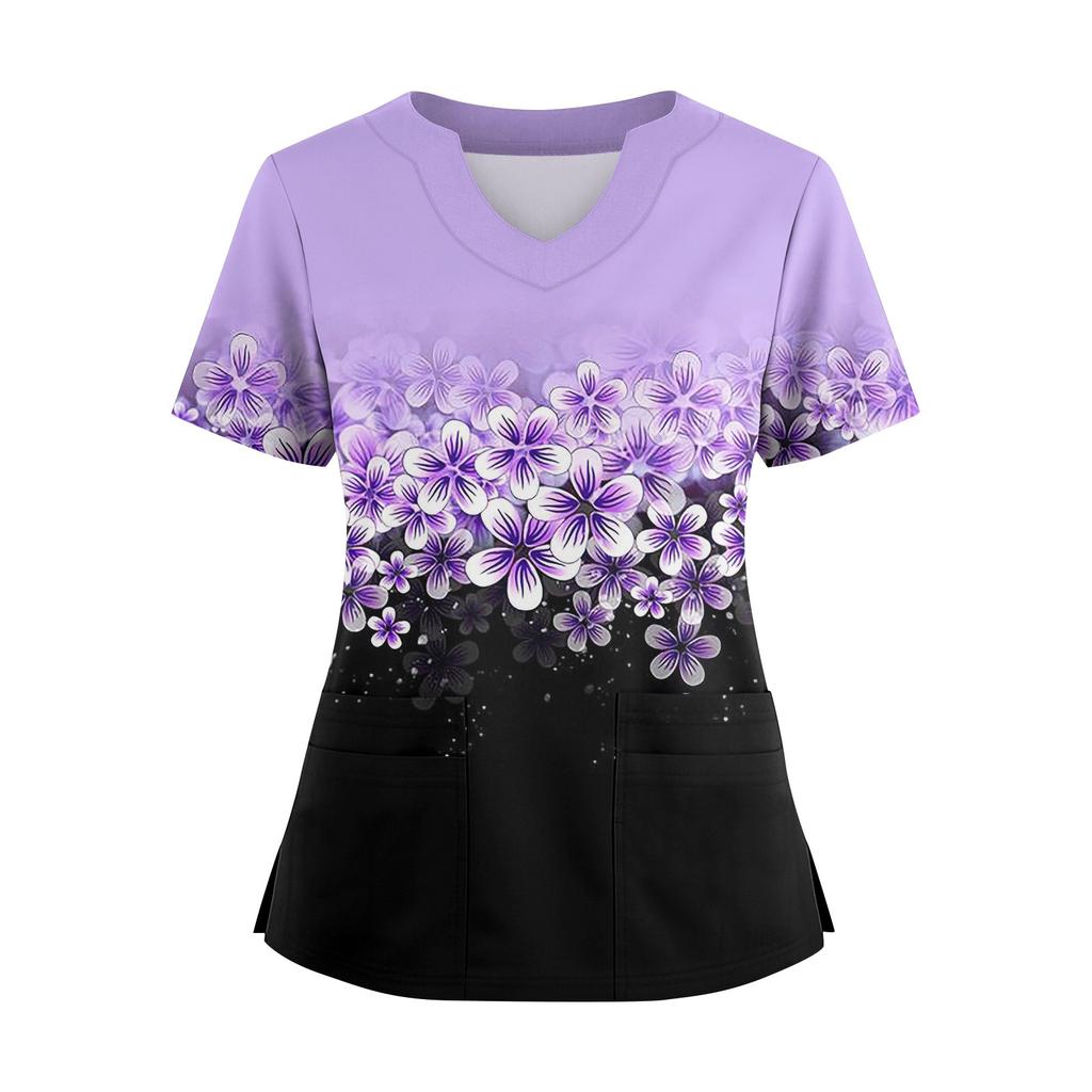 Damen locker kurzärmlig modisch geometrischer Druck von Pflanzen und Blumen Druck V-Ausschnitt knopfbar Seitenschlitz Oberteil T-Shirt