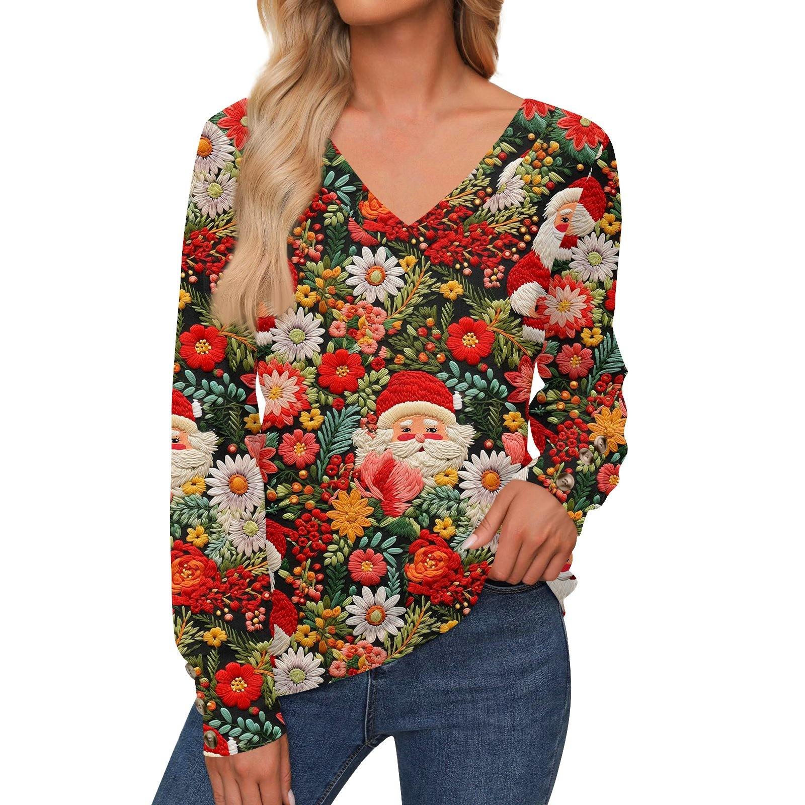 

Женская повседневная модная рождественская рубашка со снежинками и длинными рукавами, манжетами на пуговицах, с V-образным вырезом, свободная футболка, осенняя одежда S красный