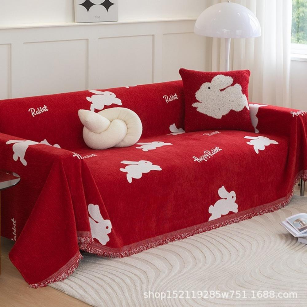 Red Festive Simple Chenille Sofa Cover Cartoon Cute Rabbit Non-slip Universal Full Cover Sofa Cover