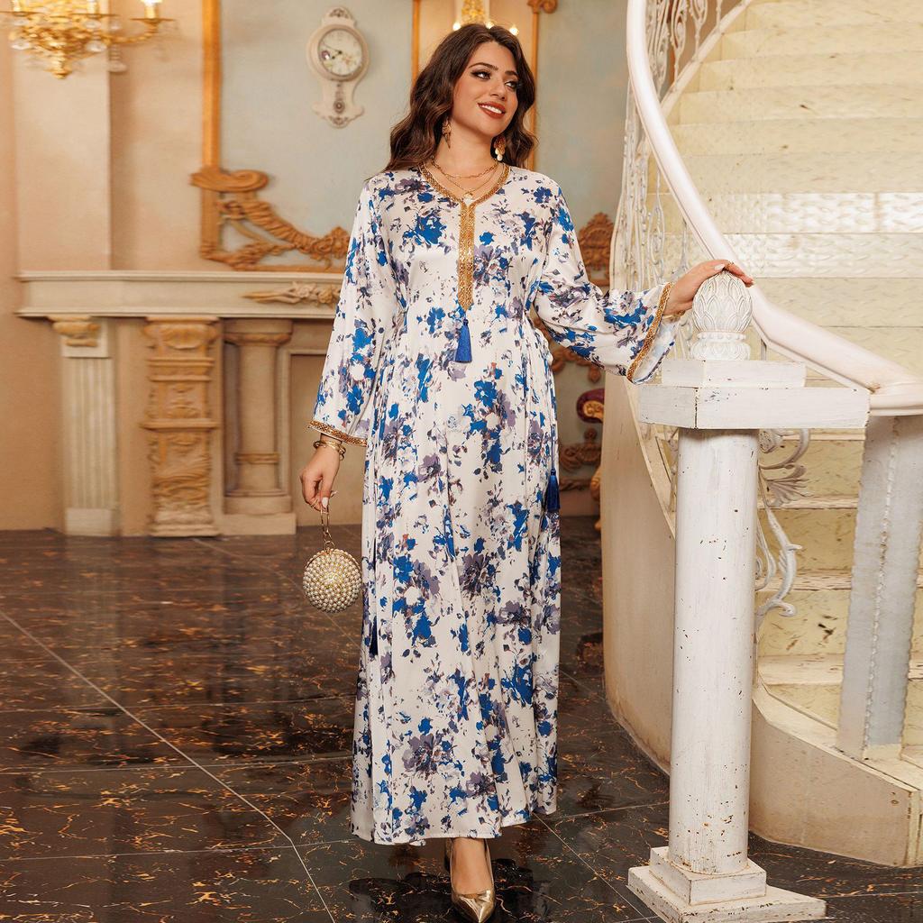 2024 Autumn/Winter Middle East-Style Elegant Print Long Robe for Home Wear